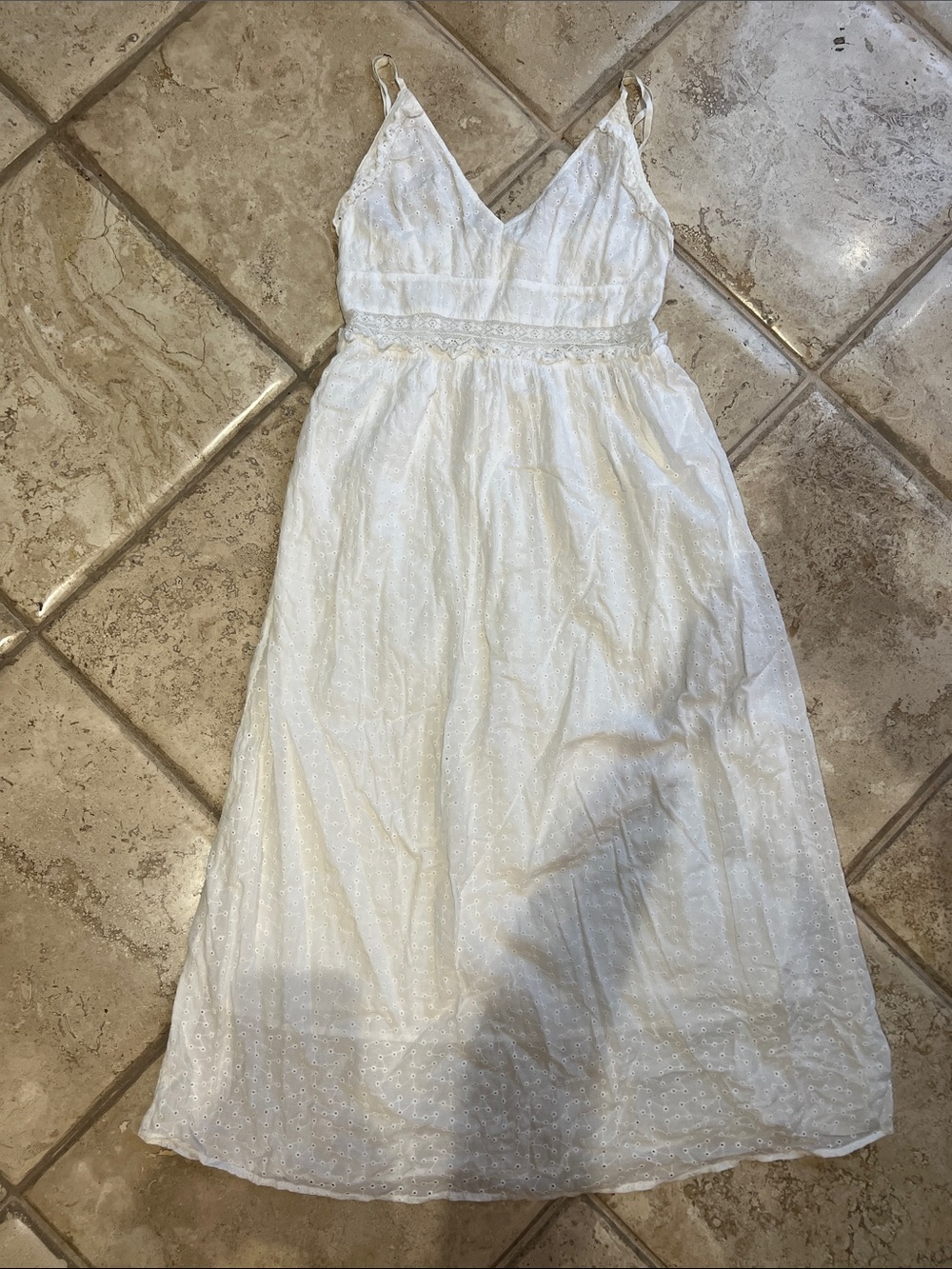 White Eyelet Midi Dress with V-Neck